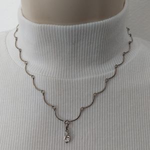 Dainty Rhinestone Pendant Silver Tone Curve Bar Link Choker Necklace